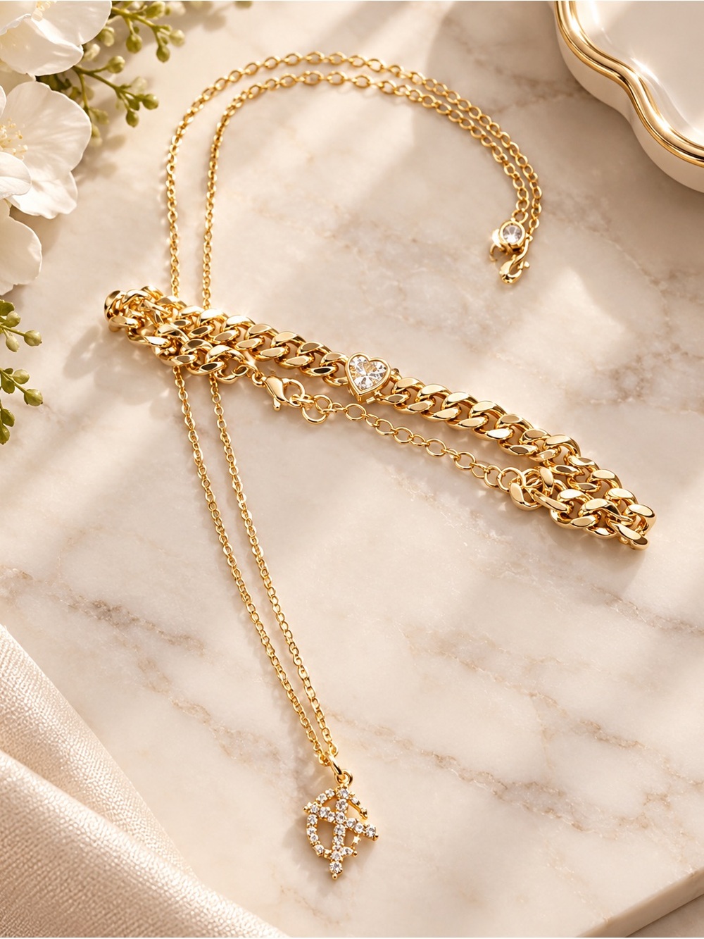 Gold Layered Heart & Initial Pendant Necklace Set
